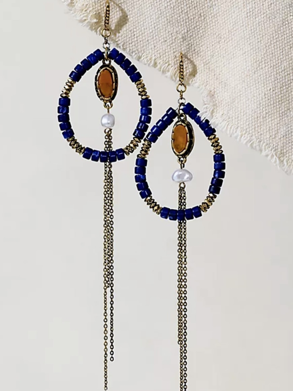 Free People "Mabel" NWT Royal Blue Bead Hoop Earrings with Amber Stone and Pearl